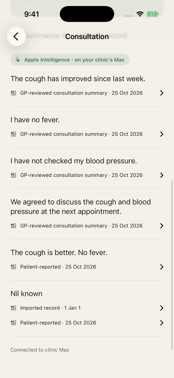 Actual GP iPhone screen showing an answer from the patient’s record, with source quotations for review.